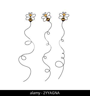 Cartoon fly bee vector illustration set. Bee trail isolated on white background Stock Vector