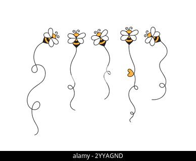 Cartoon fly bee vector illustration set. Bee trail isolated on white background Stock Vector