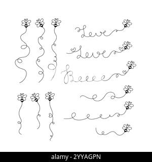 Cartoon fly bee vector illustration set. Bee trail isolated on white background Stock Vector