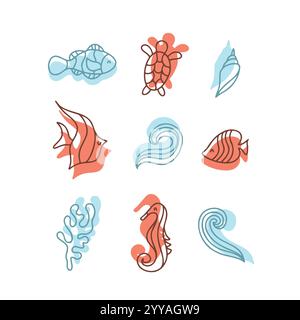 Colourful undersea life vector illustrations. Set of sea life animals Stock Vector