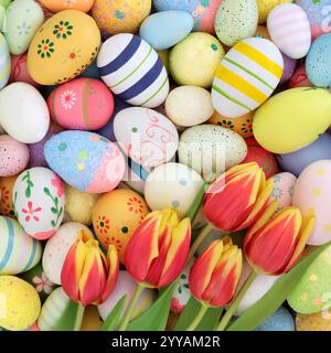 Easter eggs and tulip flower background. Symbols of Spring, edible sweet food candy design for holiday season. Stock Photo