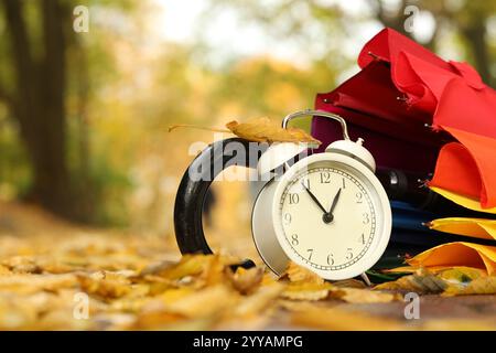 Autumn time. Alarm clock and umbrella in park, closeup Stock Photo