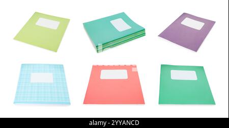 Many different notebooks on white background, set. School stationery Stock Photo