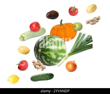 Different products in air on white background Stock Photo