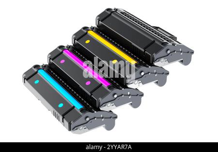 CMYK colored laser toner cartridges, 3D rendering  isolated on white background Stock Photo