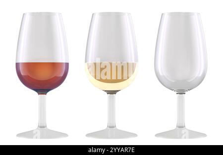Empty wine glass and glasses with red and white wine. 3D rendering isolated on white background Stock Photo