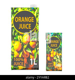 Orange juice packs. Carton packaging container box with plastic cap and small pack orange juice carton with straw. 3D rendering isolated on white back Stock Photo