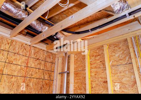 Construction on installing wood framing ductwork in new home under development during construction new house Stock Photo