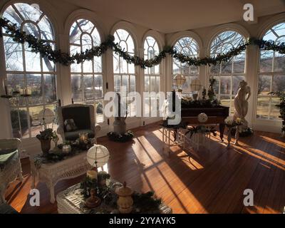 Ringwood State Park Victorian Christmas decorations for 2024. Ornate and beautiful room decorations in the Manor house of Ringwood State Park in NJ. Stock Photo