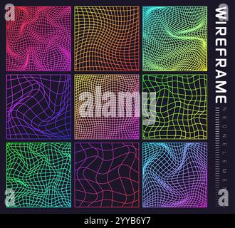 Colorful wireframe shapes, lined perspective mesh, 3d grid. Low poly geometric elements. Retro futuristic design elements, y2k, vaporwave and Stock Vector