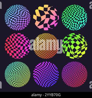 Groovy checkered pattern, neon round tiled grid. Vintage wavy curved ...