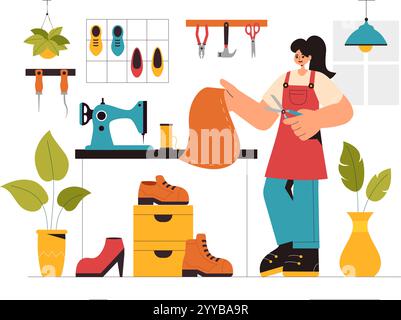 Shoemaker Profession Vector Illustration featuring the Process of Shoe Repair, Footwear Manufacturing, and Design in a Flat Style Cartoon Background Stock Vector