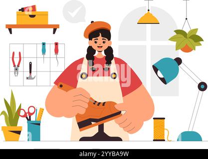 Shoemaker Profession Vector Illustration featuring the Process of Shoe Repair, Footwear Manufacturing, and Design in a Flat Style Cartoon Background Stock Vector