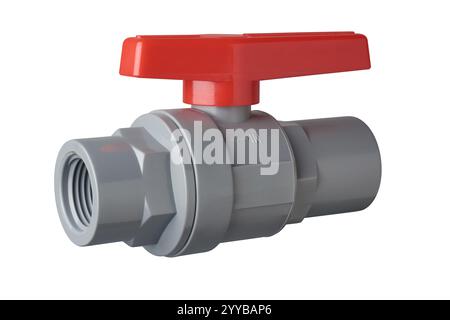 gray pvc ball valve with red handle on top for turning and threaded ends isolated white background, plumbing fixture for controlling flow in pipelines Stock Photo