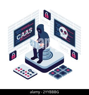 Isometric Cybercrime as a Service CaaS with Hacker and Threats. Cybercrime as a Service CaaS Concept Stock Vector