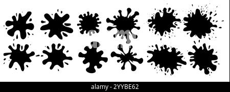 Vector set of black silhouettes of paint drops in cartoon style isolated from background. Collection of ink stains for icons and stickers Stock Vector