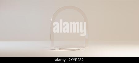 Round podium on light beige background with glass morphism arch. Vector realistic illustration of cosmetic product presentation platform, elegant past Stock Vector