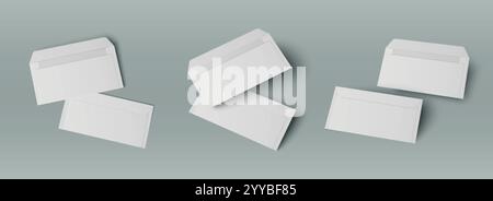 Empty white open and closed envelopes in different angles. Three pairs of blank paper letter package templates of dl standard size for branding presen Stock Vector