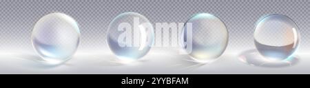 Glass ball 3D collection on transparent background with light reflection and rainbow refraction effects. Realistic white spheres with optical distorti Stock Vector