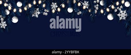 Christmas border with glowing string lights and dark blue evergreen branches. Night scene featuring white ornaments, silver snowflakes and greeting te Stock Vector