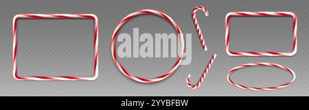 3D candy cane frames set isolated on transparent background. Vector realistic illustration of round, rectangle, oval shape striped caramel borders for Stock Vector