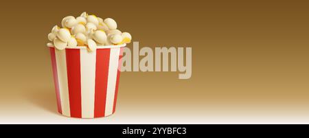 Fresh popcorn served in striped red and white container on golden background. Realistic 3D fully expanded fluffy kernels in paper bucket for cinema sn Stock Vector