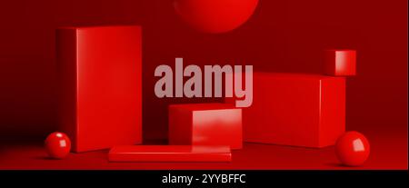 Minimalist geometric cube podiums of different height on red studio setup background. Realistic glossy spheres and rectangular pedestals for premium p Stock Vector