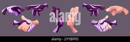 Robot hand gestures set showing various mechanical movements and positions. Metal purple android robotic and human palm in handshake, high five and in Stock Vector