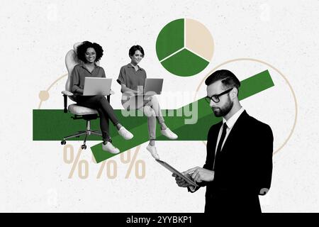 Composite trend artwork sketch image photo collage of business people laptop manager pie chart percent two women sit man stand hold tablet Stock Photo