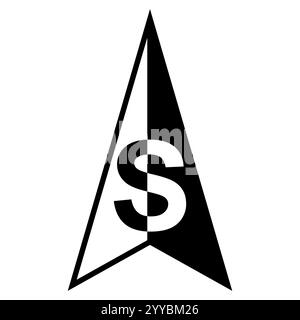 Black white compass needle with letter S pointing to South Stock Vector