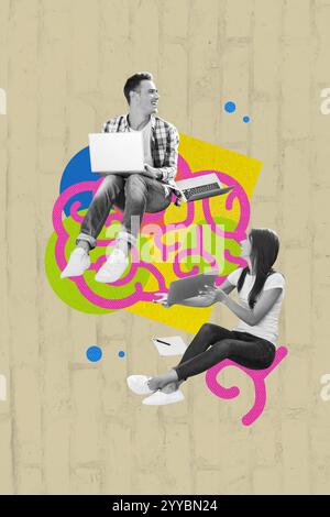 Composite trend artwork 3D sketch image photo collage of young lady man sit coworking student arm hold laptop idea creative brainstorming Stock Photo