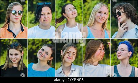 Ten young adults are making different facial expressions while posing for portraits outside. A 10-piece collage. Stock Photo