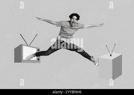 Composite collage picture of excited overjoyed guy jumping between two tv isolated on creative background Stock Photo