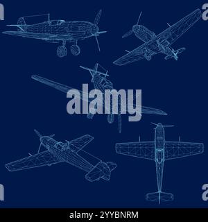 Set of wireframe of old planes on blue background. Traditional style vector illustrations of vintage aircraft Stock Vector