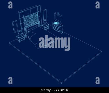 Contour drawing of double bed with pillows and table with vase and plant. Modern loft furniture for stylish bedroom in simple linear style. Doodle vec Stock Vector