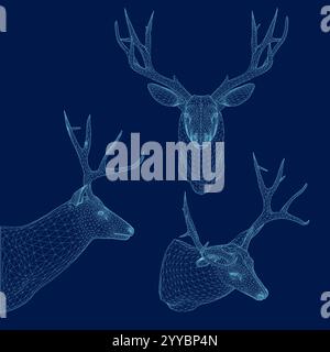Set deer head wireframe. Vector illustration. Side, front, isometric view. 3D Stock Vector