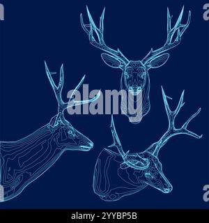 Set deer head outline. Vector illustration. Side, front, isometric view Stock Vector