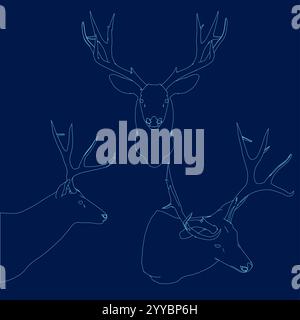 Set deer head outline. Vector illustration. Side, front, isometric view Stock Vector