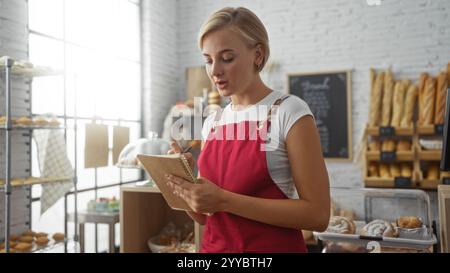 Young blonde woman taking orders in a bakery shop interior with fresh bread and pastries in the background Stock Photo