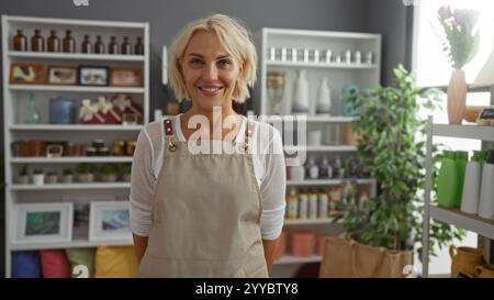 Young, blonde, woman in apron standing indoors in a home decor shop with neatly arranged shelves and plants in the background. Stock Photo