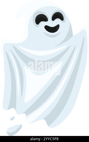 Cartoon ghost floating cheerfully in a white sheet, smiling and enjoying a Halloween party with a playful, spooky expression, embodying the fun spirit Stock Vector