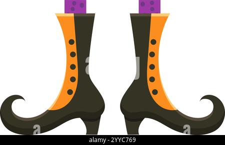 Witch s boots with curled toes, black with orange stripes and purple socks, are ready for the halloween party, bringing a touch of magic and mystery Stock Vector