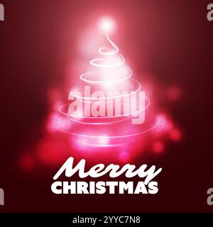 Merry Christmas, Happy Holidays Card - Red, Pink, Purple and White Christmas Tree Shape Made from Bright Spiralling Light - Vector Design on Dark Back Stock Vector