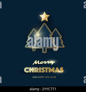 Dark Happy Winter Holidays Cover, Invitation Card, Poster, Banner, Flyer, Placard Design with Christmas Trees Composition - Silver and Gold Colors Stock Vector
