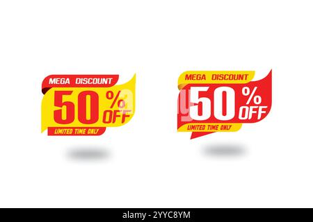 Marketing deal sale tag giving super offer on half price. Yellow red mega discount 50 percent off limited time only label set Stock Vector