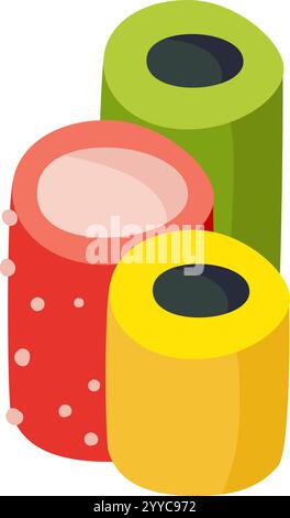 Three colorful cylindrical candies with holes in the center forming a stack, isolated on a white background, perfect for projects related to sweets, c Stock Vector