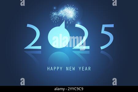 Dark Blue New Year Card Template with Brightly Glowing Fireworks Design - 2025 - Reflective Bright Banner, Typography with 3D Effect in Editable Vecto Stock Vector