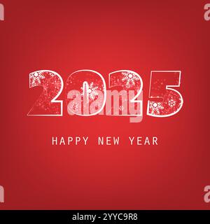 Simple White And Red New Year Card, Cover or Background Design Template with Bold Thick Snowflake Patterned Numerals - 2025 Stock Vector