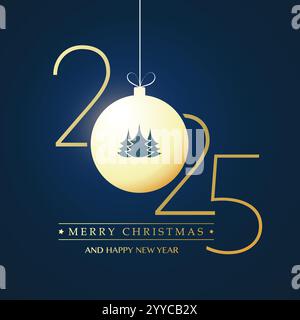 Golden Merry Christmas and Happy New Year Greeting Card with Pine Tree on a Christmas Ball, Creative Design Template for Best Wishes Cards, Year 2025 Stock Vector