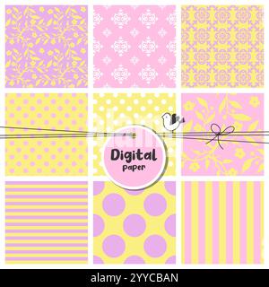 Seamless patterns set, flowers, dots, stripes Stock Vector